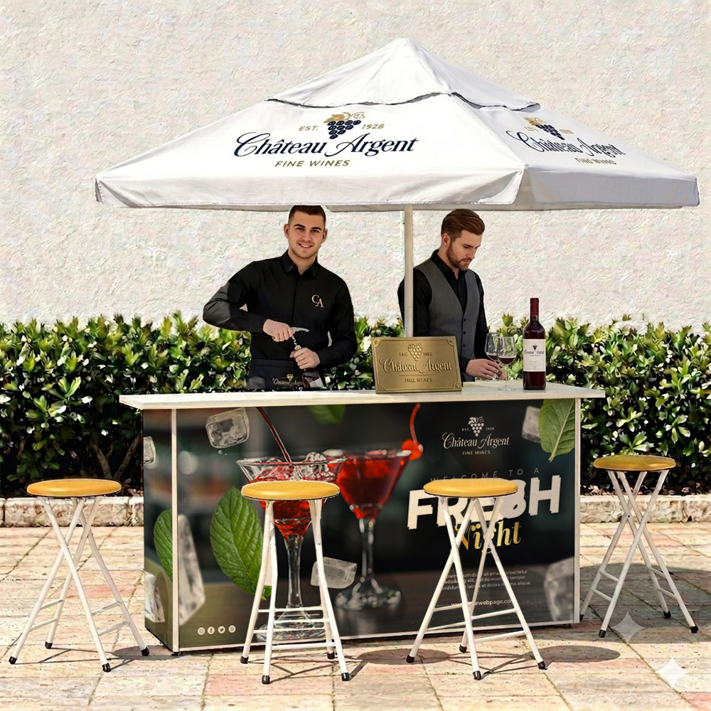Portable Bar, Umbrella and Bar Stools